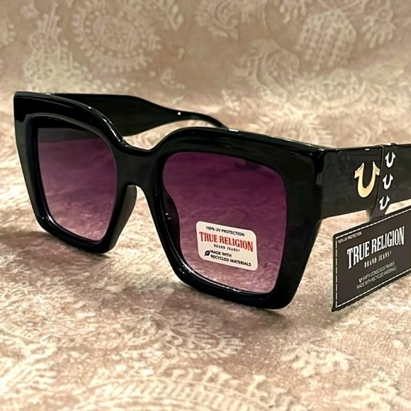 Brand New True Religion Chunky Shiny Black Square Frame Sunglasses Purple Lens - Picture 1 of 15